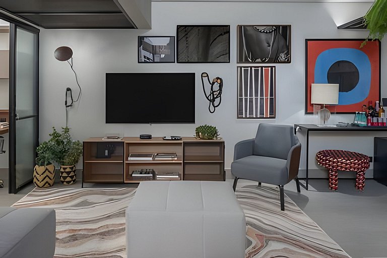 Sala integrada do apartamento de 100 m² perto da Avenida Paulista e da Rua Oscar Freire